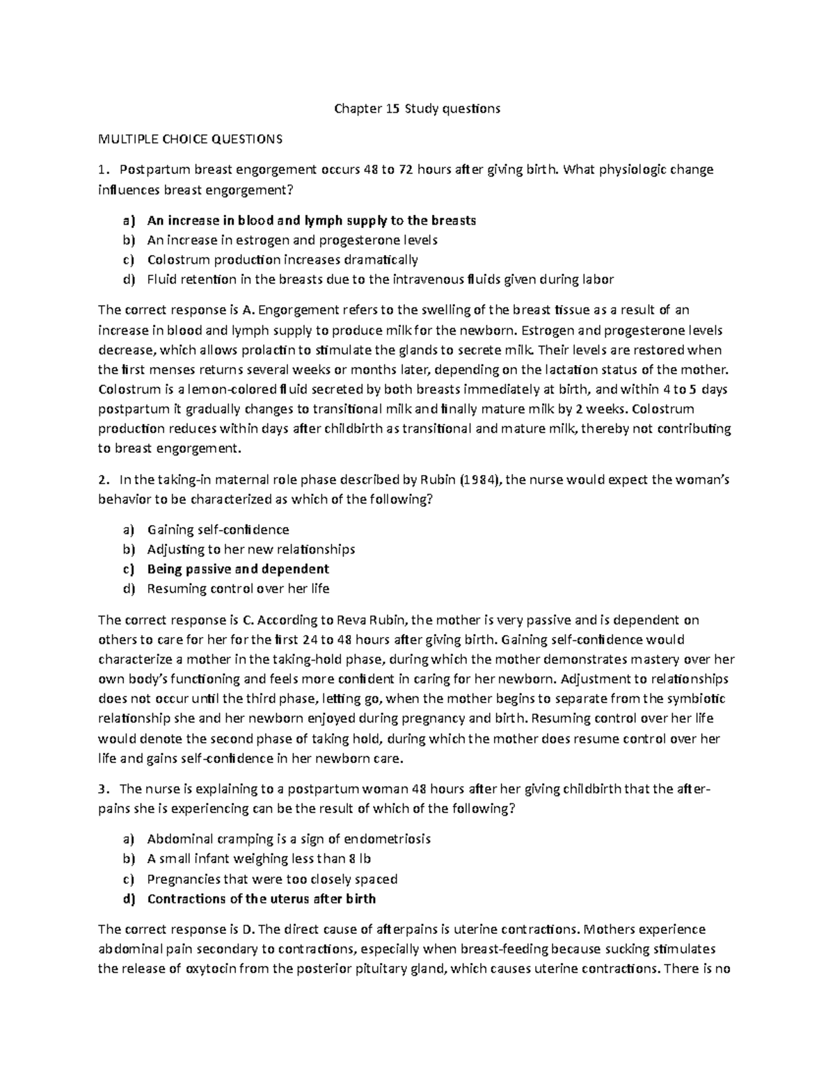 Chapter 15 Study Questions for Postpartum Nursing: Overview and Key ...
