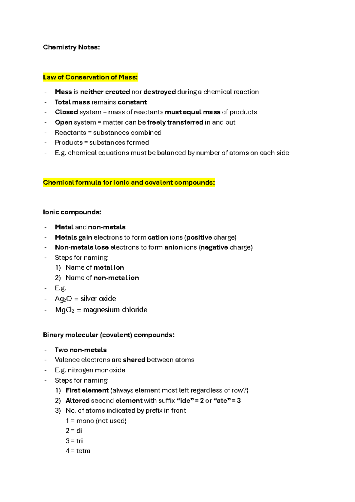 Chemistry Notes - Law of Conservation of Mass (CHEM 2026) - Studocu
