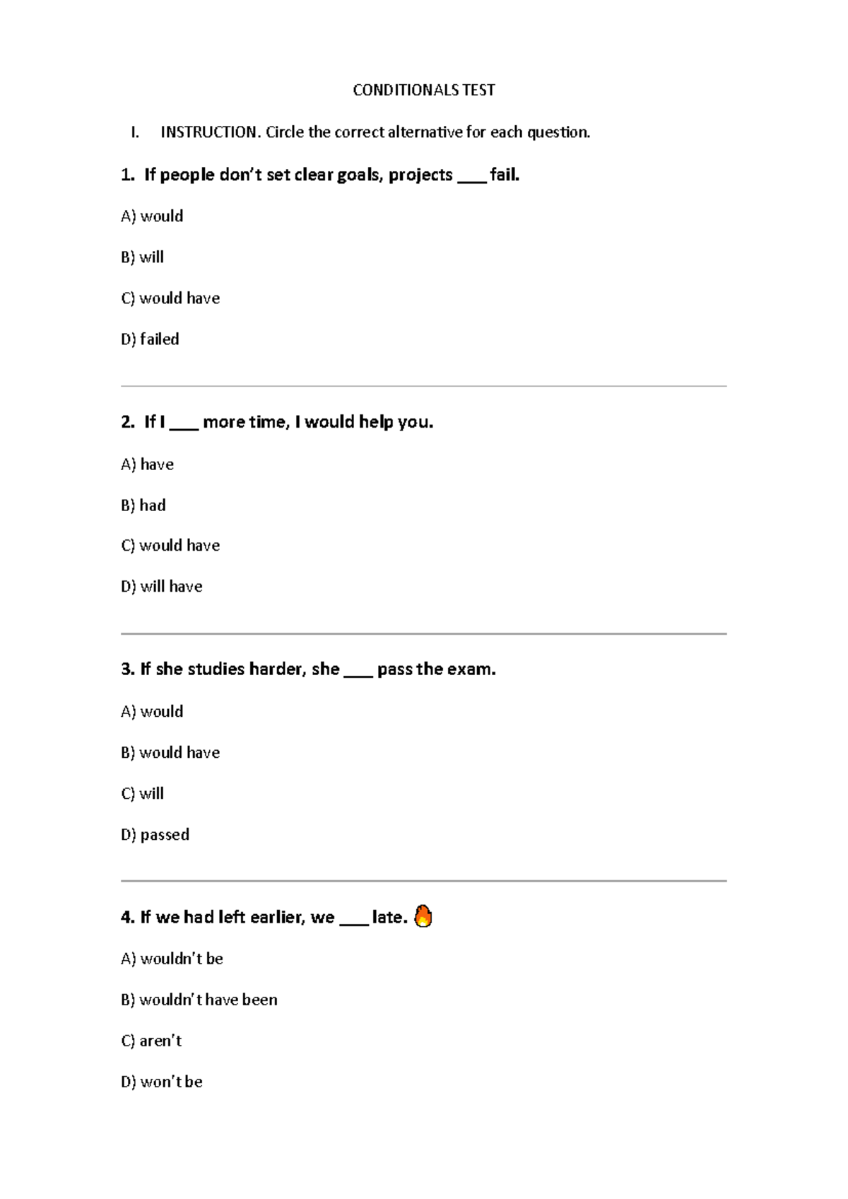 Conditionals Test I: Practice Questions and Instructions - Studocu