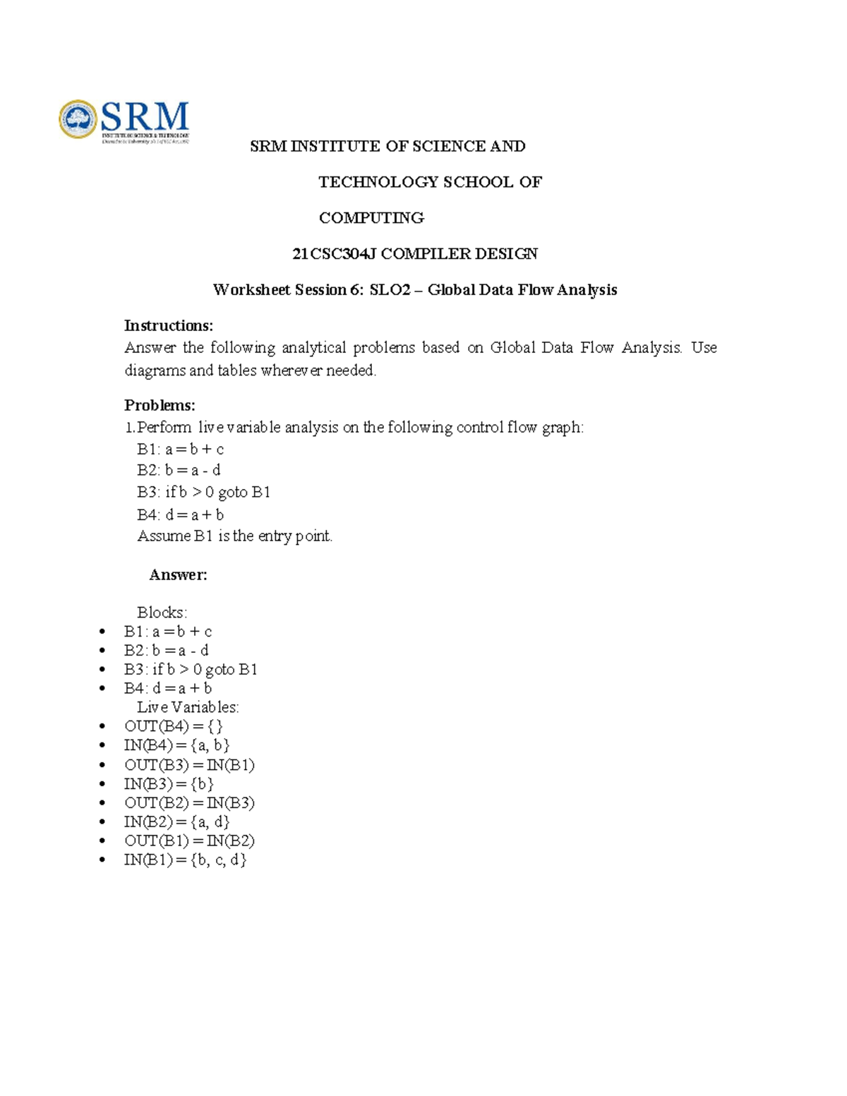 21CSC304J Compiler Design Worksheet: Global Data Flow Analysis - Studocu