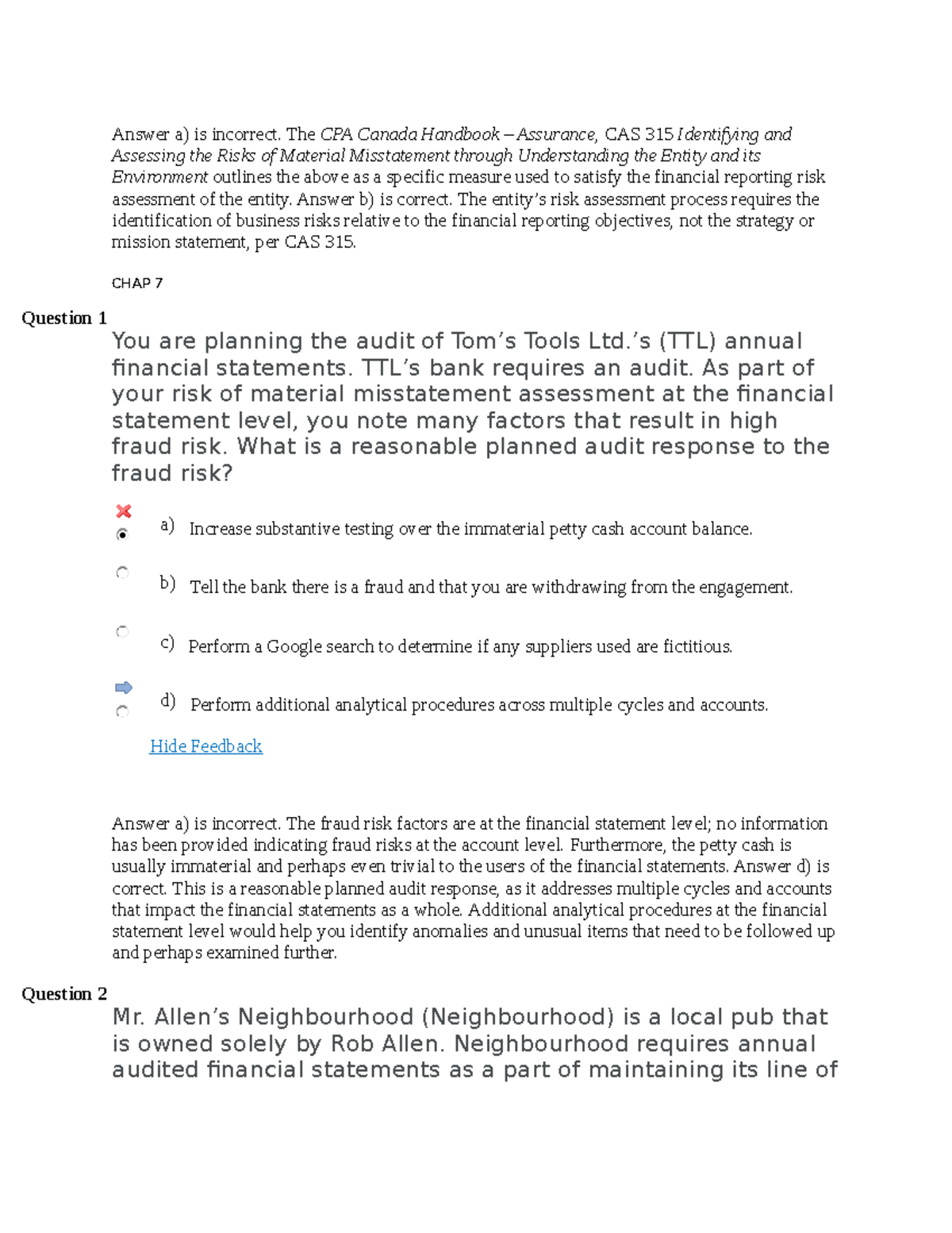 Accounting Past Paper 2 - Audit Risk Assessment & Fraud Considerations - Document Preview