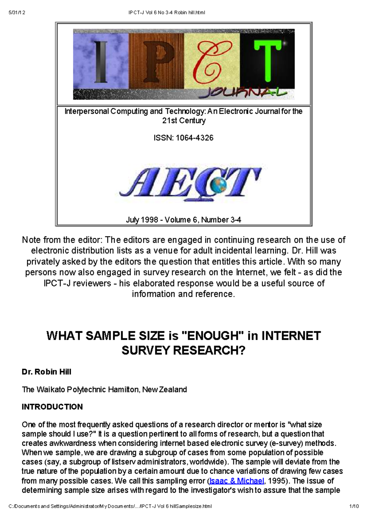 IPCT-JVol6Robinhill Sample Size - Interpersonal Computing and ...