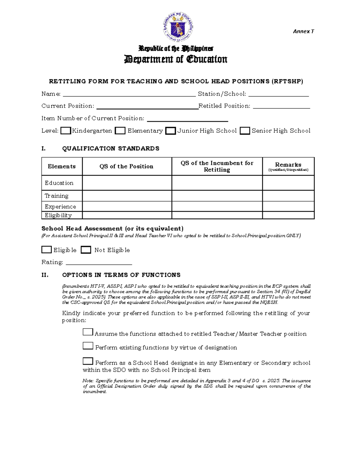 Annex T: Retitling Form for Teaching & School Head Positions (RFTSHP ...