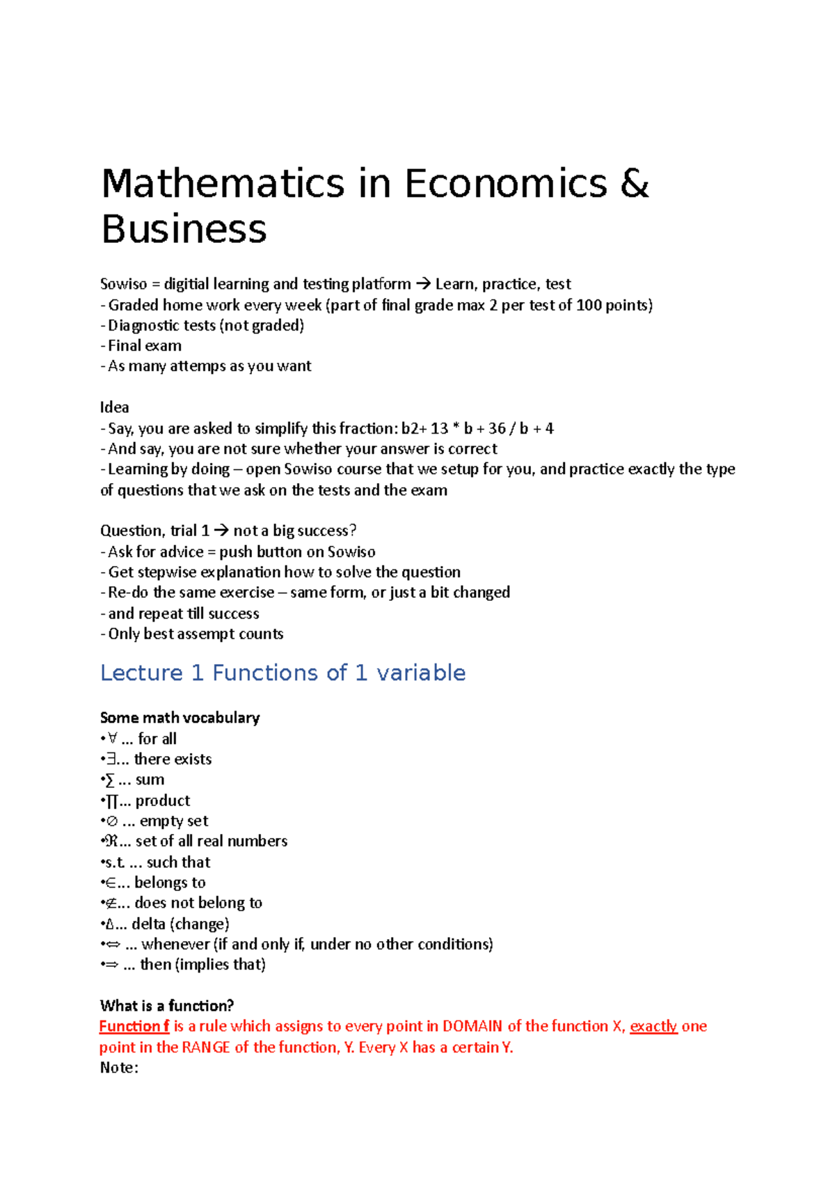 Mathematics in Economics: Functions and Their Applications (Course Code ...