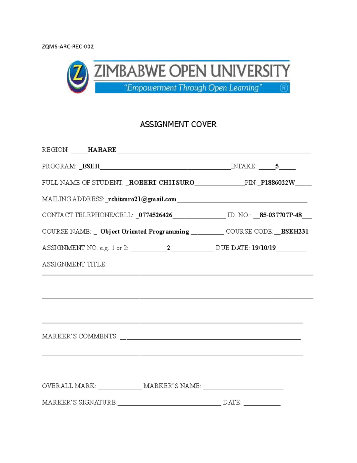 Assignment 2 OBJECT ORIENTED PROGRAMMING IN SOFTWARE ENGINEERING - ZQMS ...