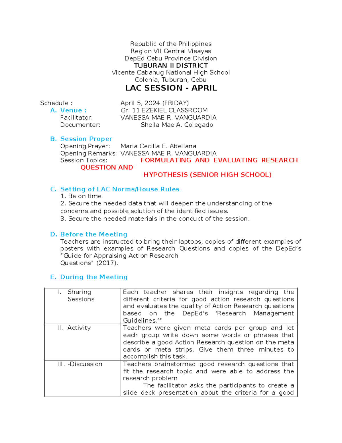 LAC Session Template: Formulating Research Questions for SHS 2024 - Studocu