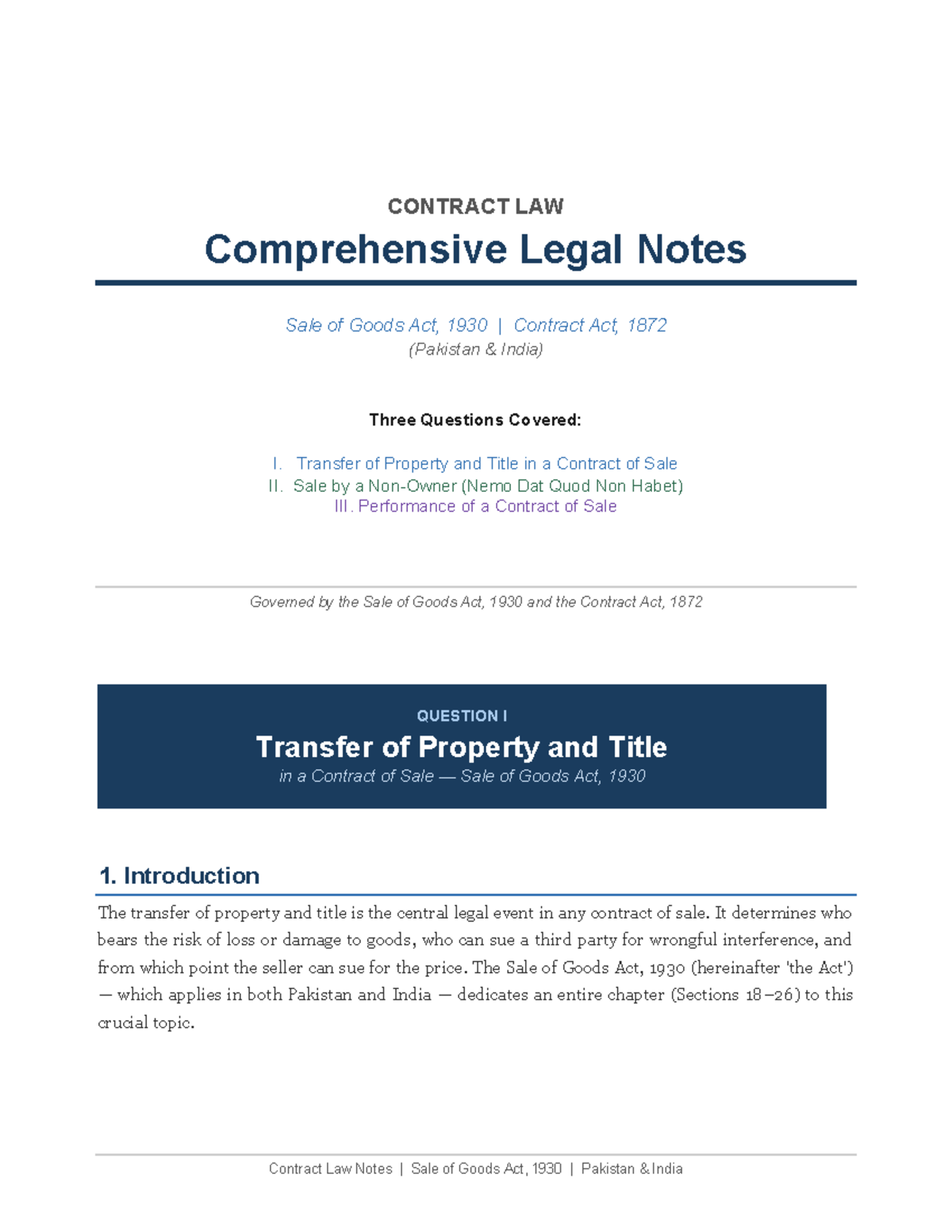 CONTRACT LAW (LAW 101) Comprehensive Notes on Sale of Goods Act, 1930 ...
