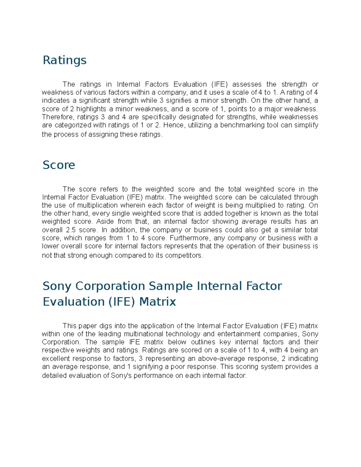 Strategic Management - Sony Corp IFE Matrix Analysis - Studocu