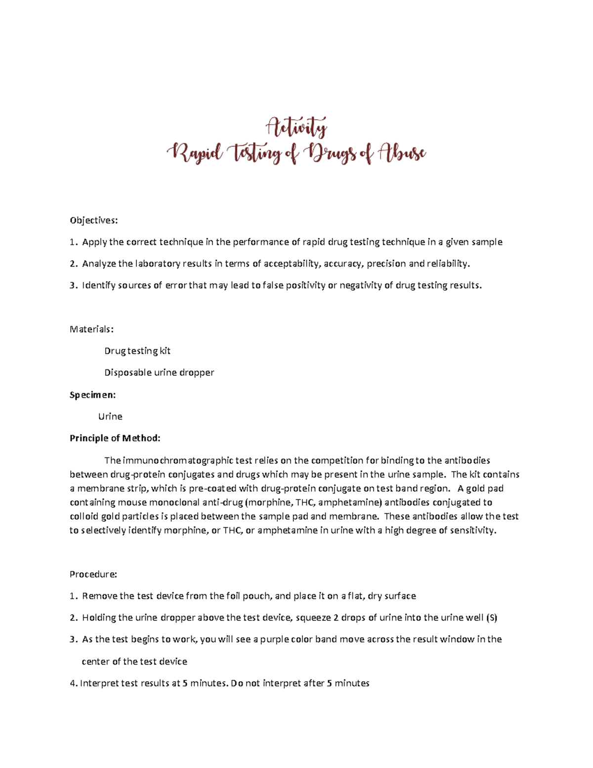 CLIN CHEM 2 - Rapid Drug Testing Activity Guide and Interpretation ...