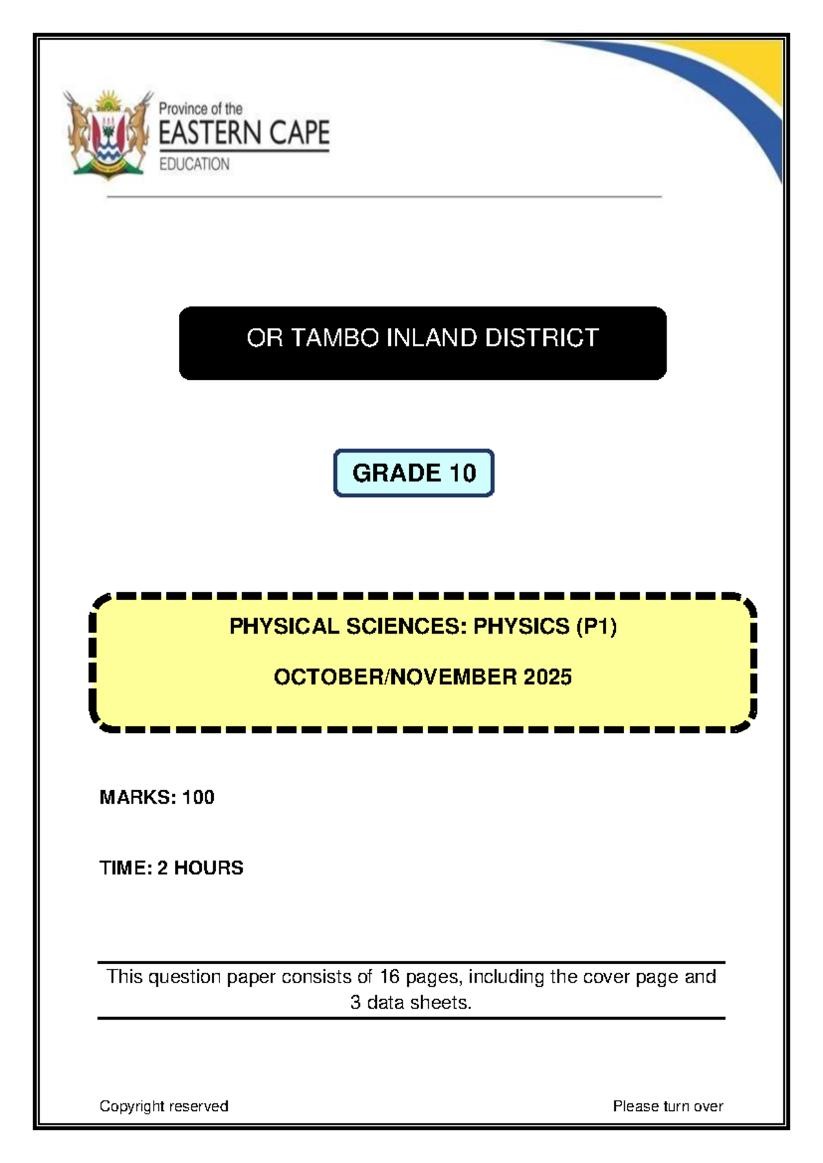 Physical Sciences P1 Grade 10 November 2025 Exam Paper - Studocu