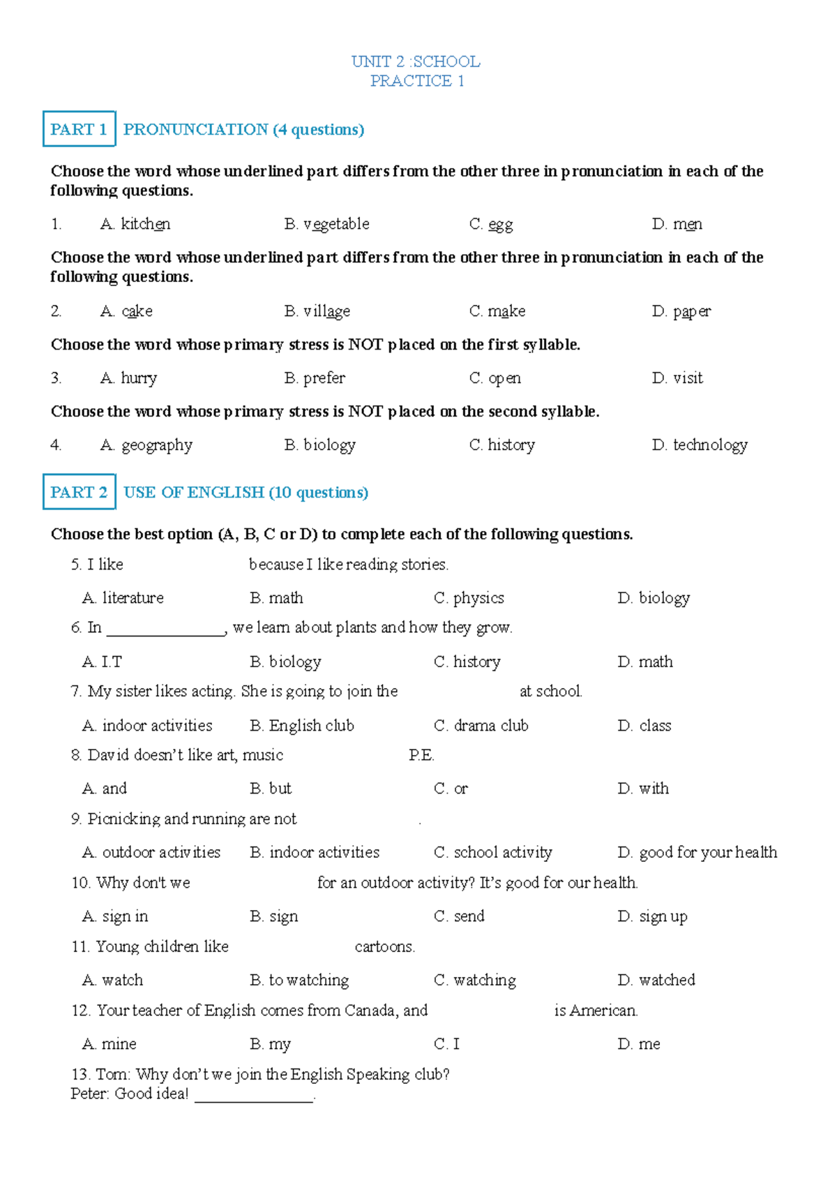 UNIT 2 - School Revision Practice and Exercises - Studocu