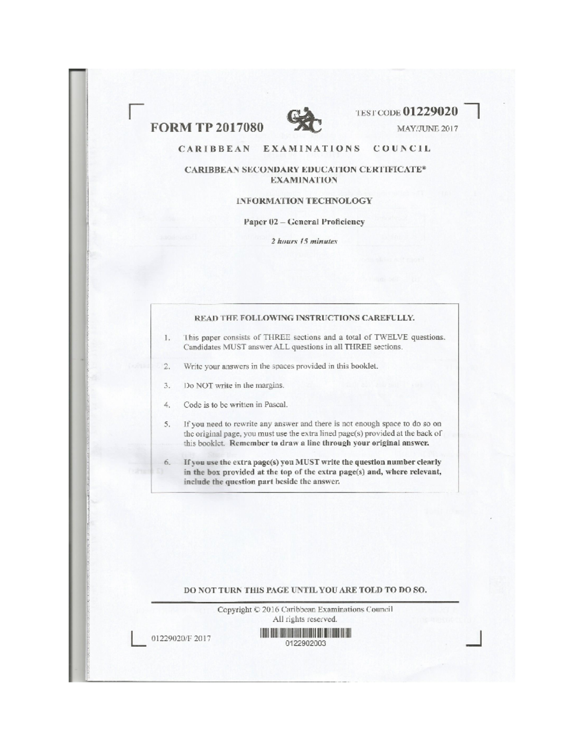 June 2017 CSEC IT Paper 02 - Past Exam Questions and Instructions ...