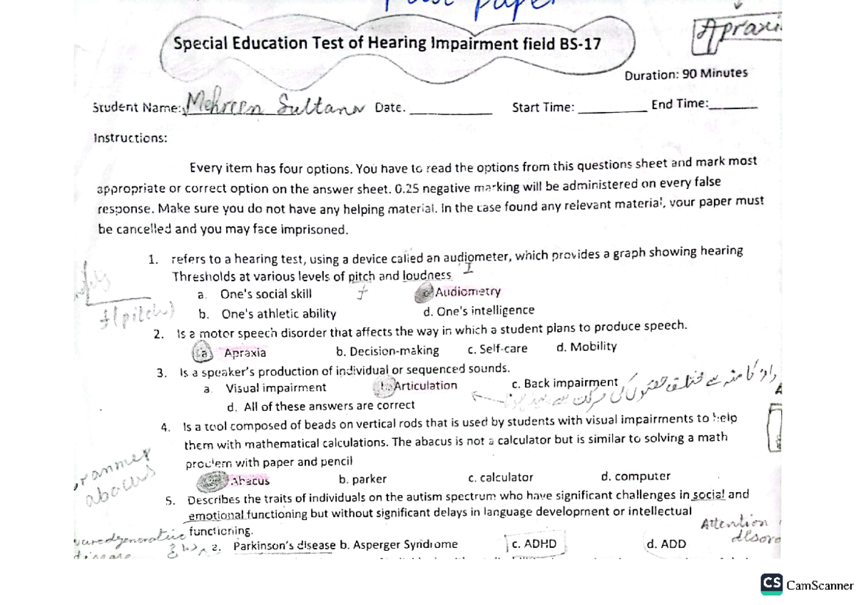 HIC past paper - paper Special Education Test of Hearing Impairment ...
