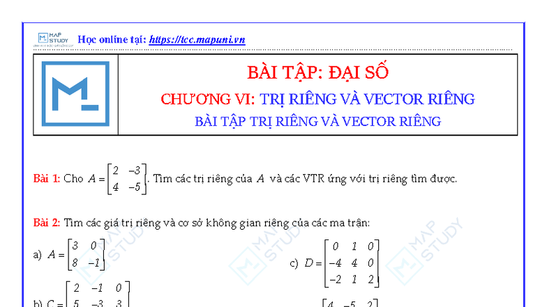 BÀI TẬP: ĐẠI SỐ CHƯƠNG VI - TRỊ RIÊNG VÀ VECTOR RIÊNG - Studocu