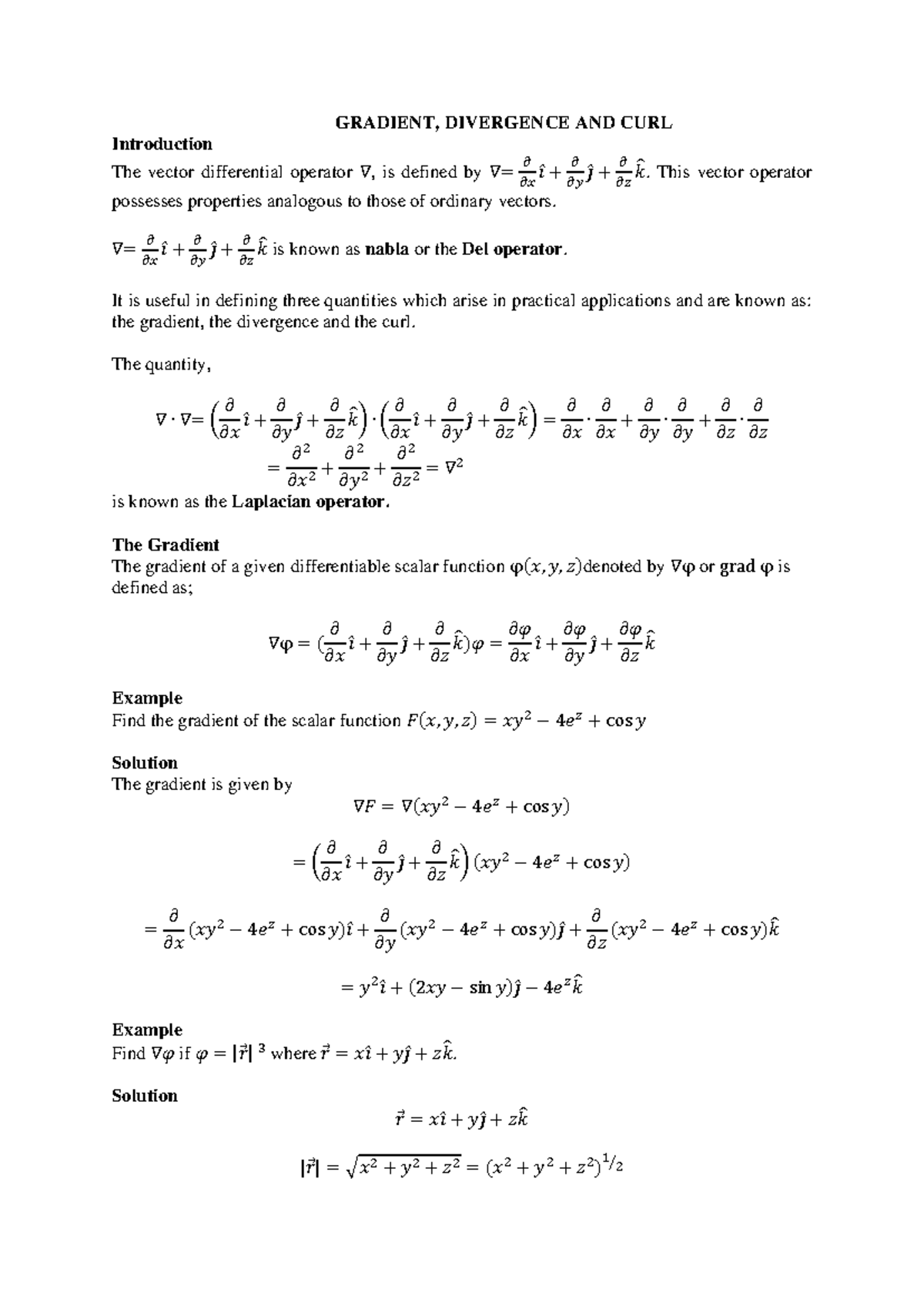 Gradient, Divergence and Curl - GRADIENT, DIVERGENCE AND CURL ...