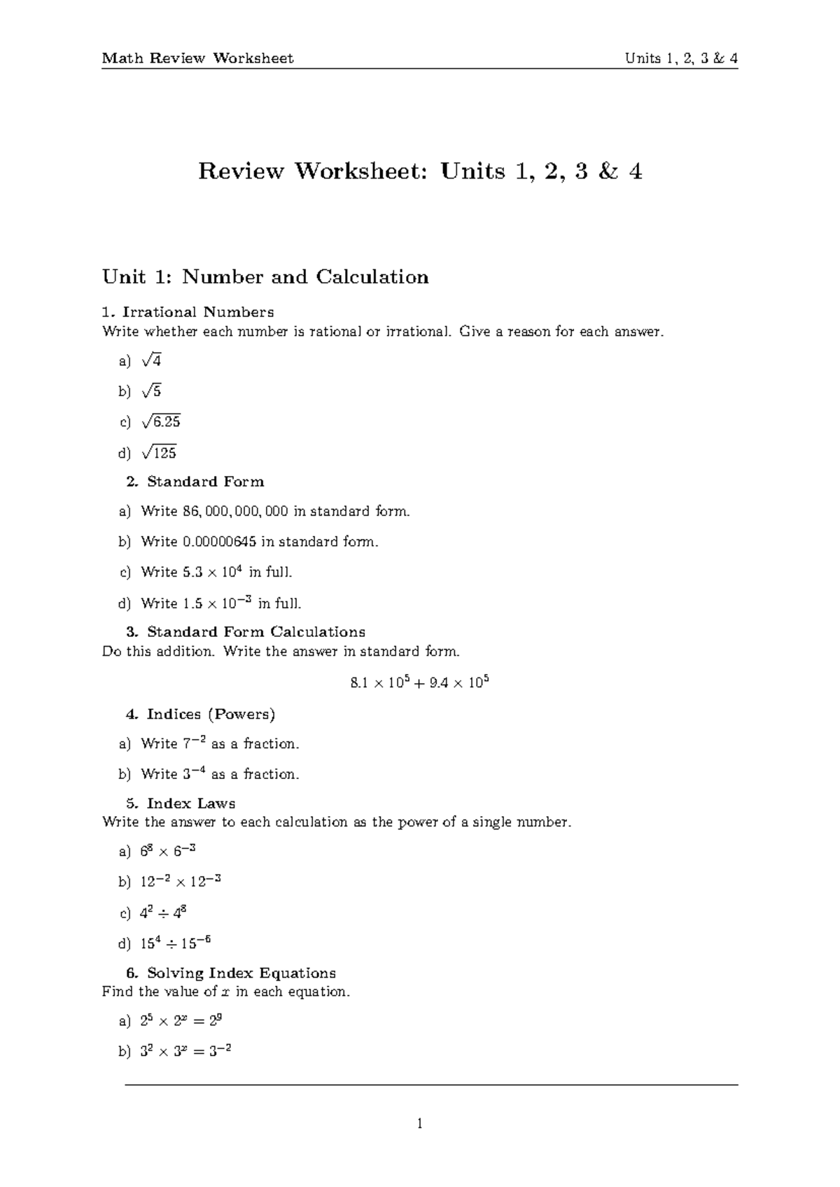 Stage 9 maths hw - abc - Review Worksheet: Units 1, 2, 3 & 4 Unit 1 ...