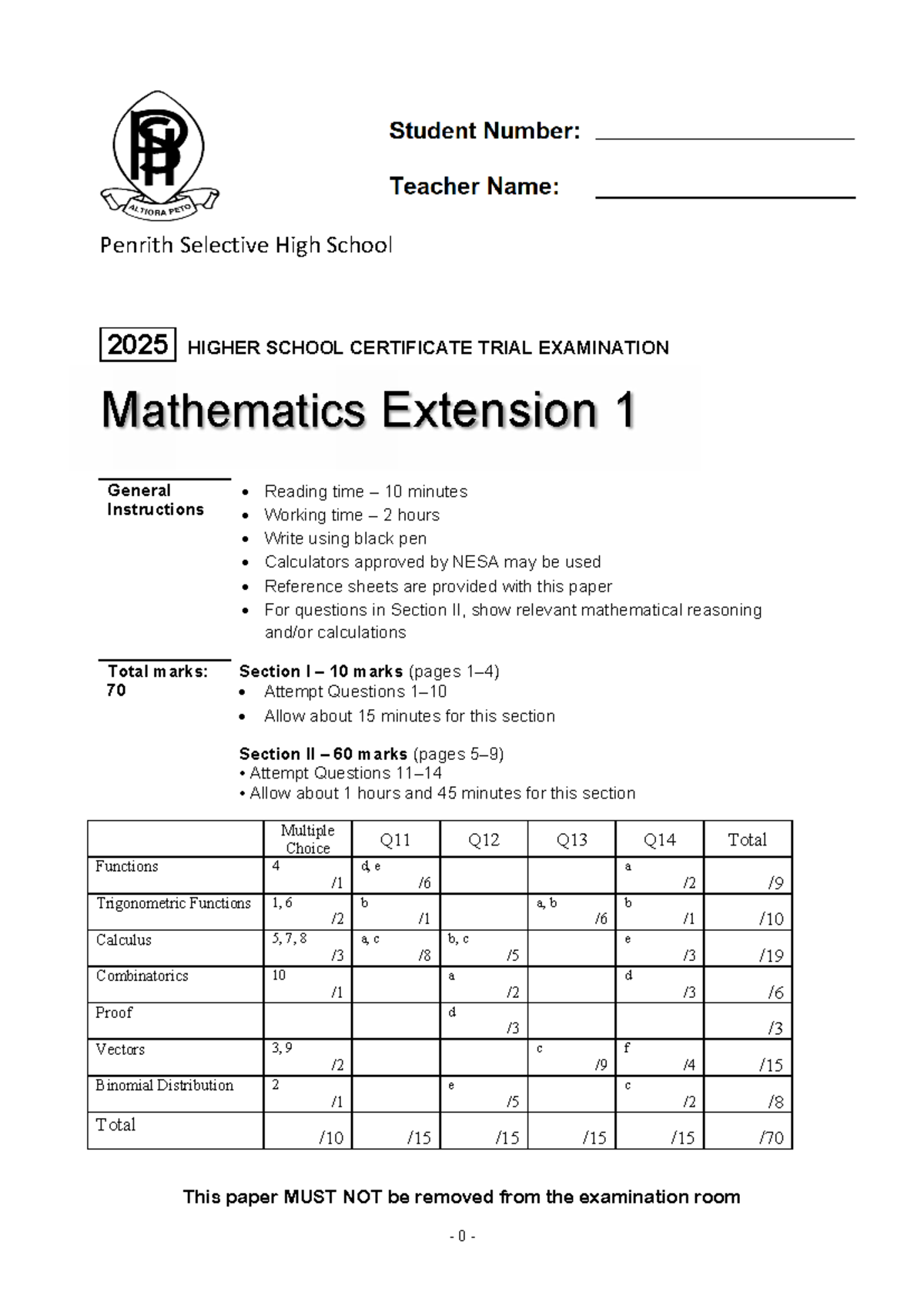 Penrith Selective High School 2025 HSC Trial Exam Mathematics Extension ...