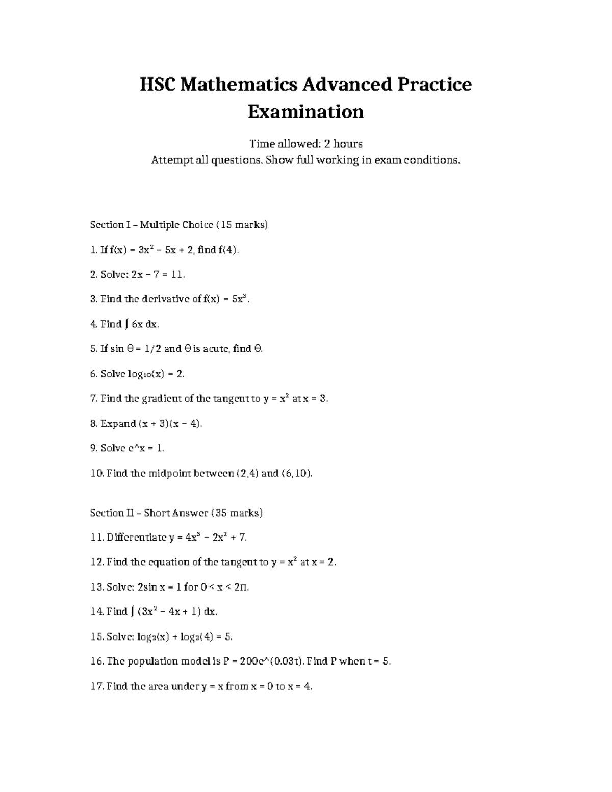 HSC Mathematics Advanced Practice Exam - Full Solutions and Answers ...