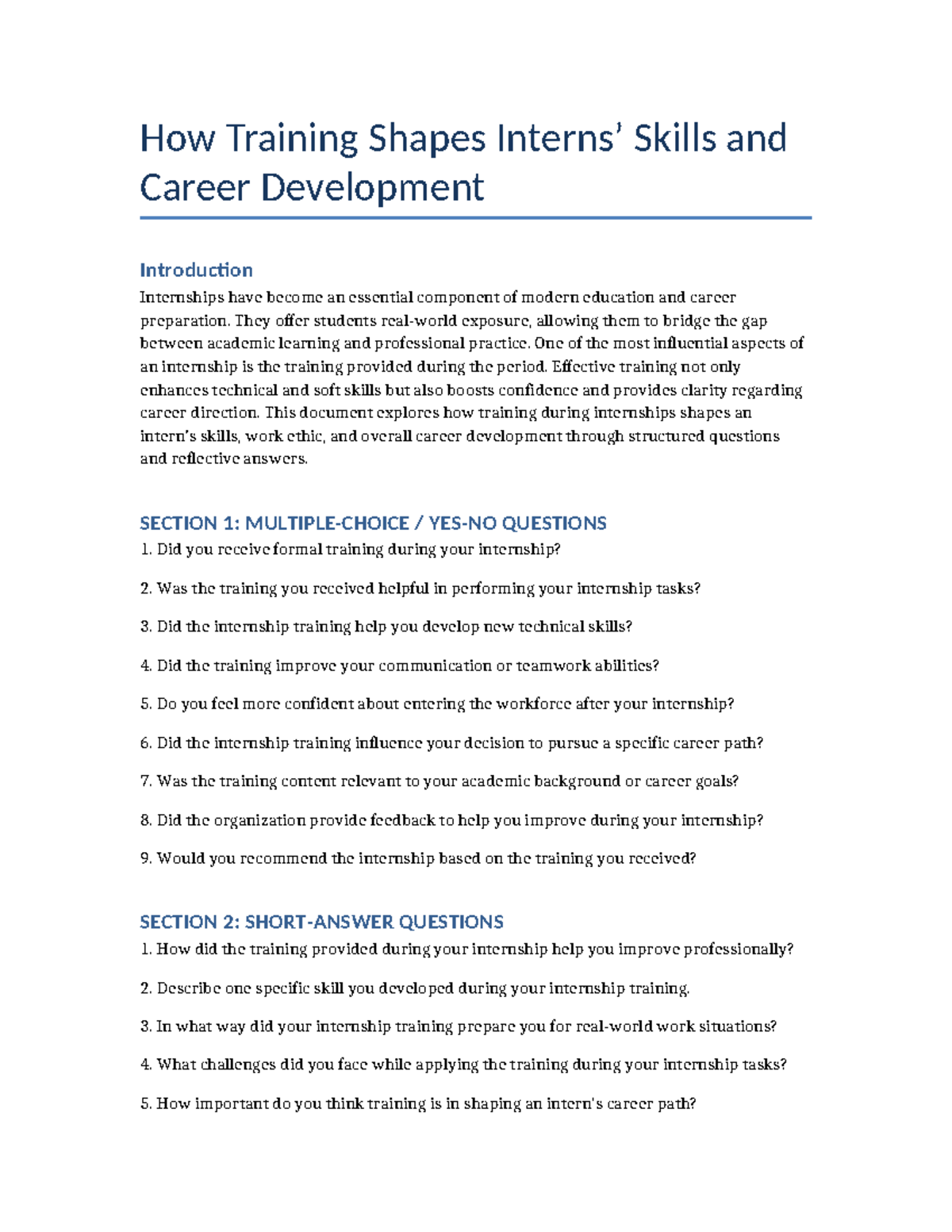 Internship Training Report: Impact on Skills & Career Development - Studocu