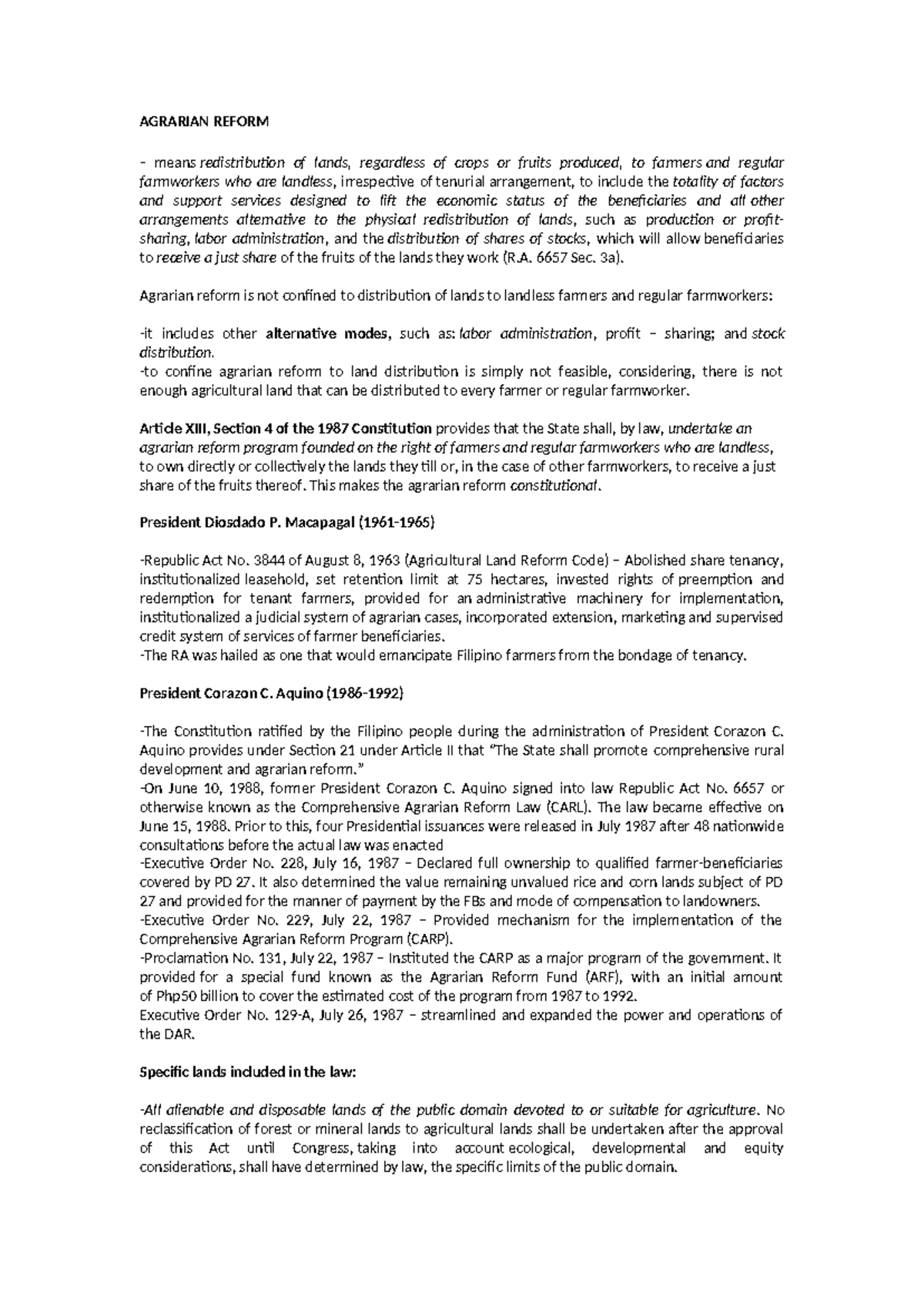 AGRARIAN REFORM: Key Concepts and Legal Framework (RPH Quicknotes ...