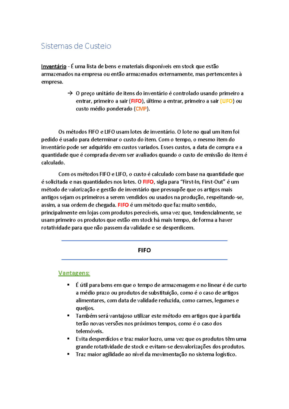 FIFO e CMP: Resumo dos Métodos de Custeio e Inventário - Studocu