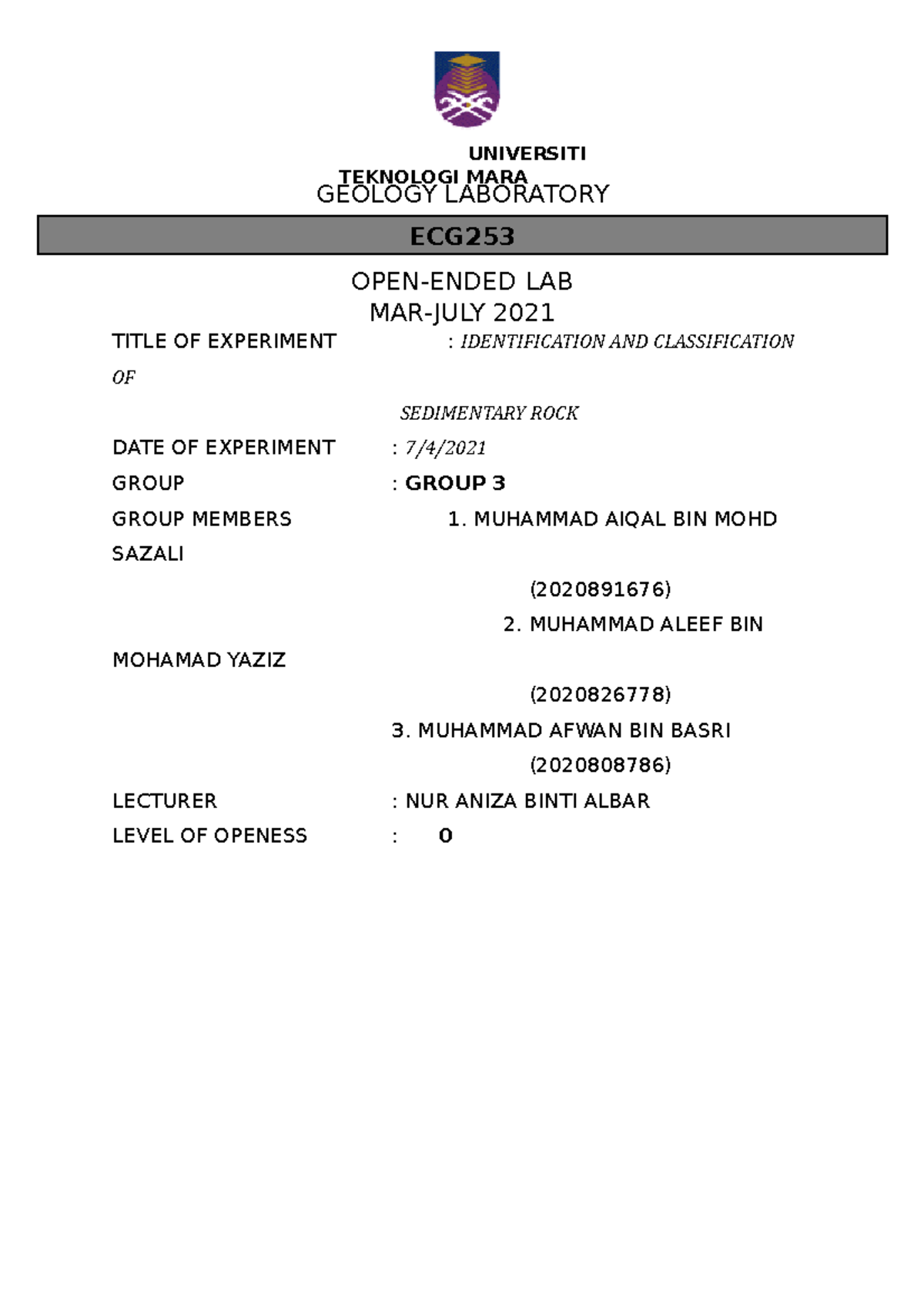 Lab Report Sedimentary Rock Group 2 - GEOLOGY LABORATORY OPEN-ENDED LAB ...
