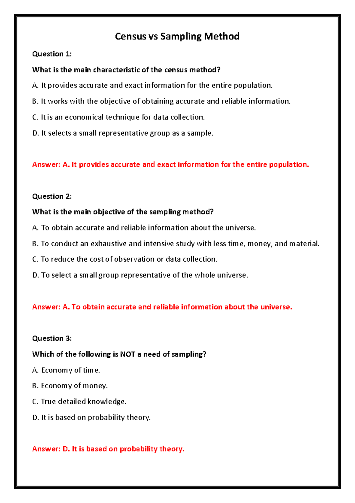 Sampling Sheet - Summary of Survey Methodology (Census vs Sampling ...