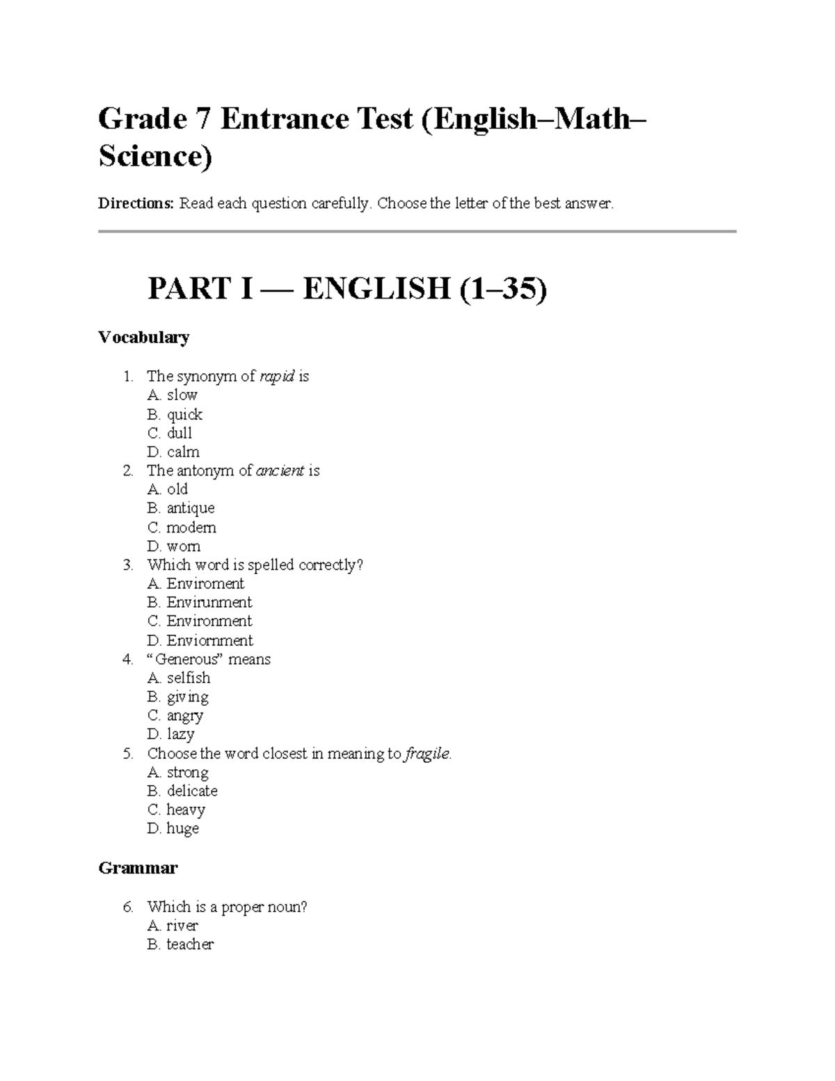 Grade 7 Entrance Test (English, Math, Science) - Complete Practice ...