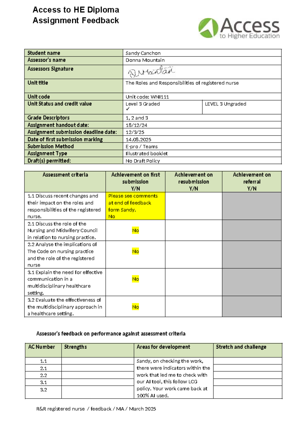 Access to HE Diploma Level 3 Assignment Feedback: R&R in Nursing - Studocu