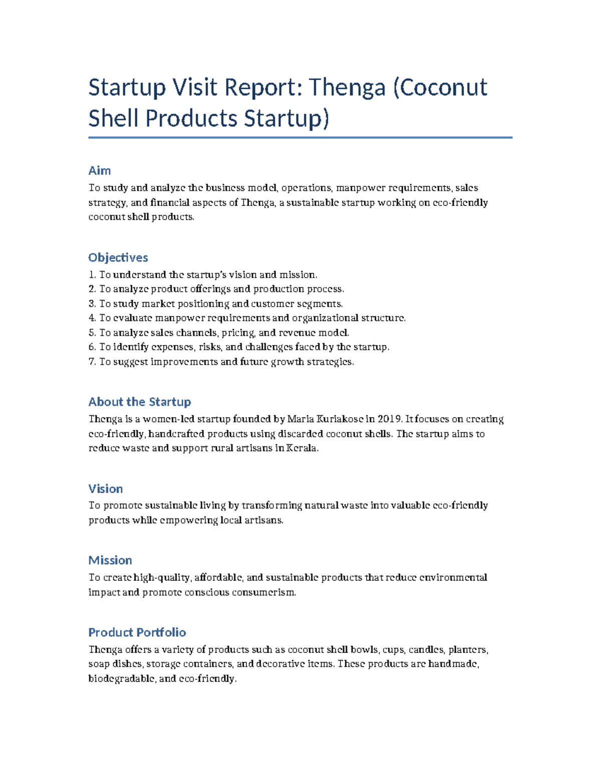 Thenga Startup Visit Report: Analyzing Coconut Shell Products Business ...