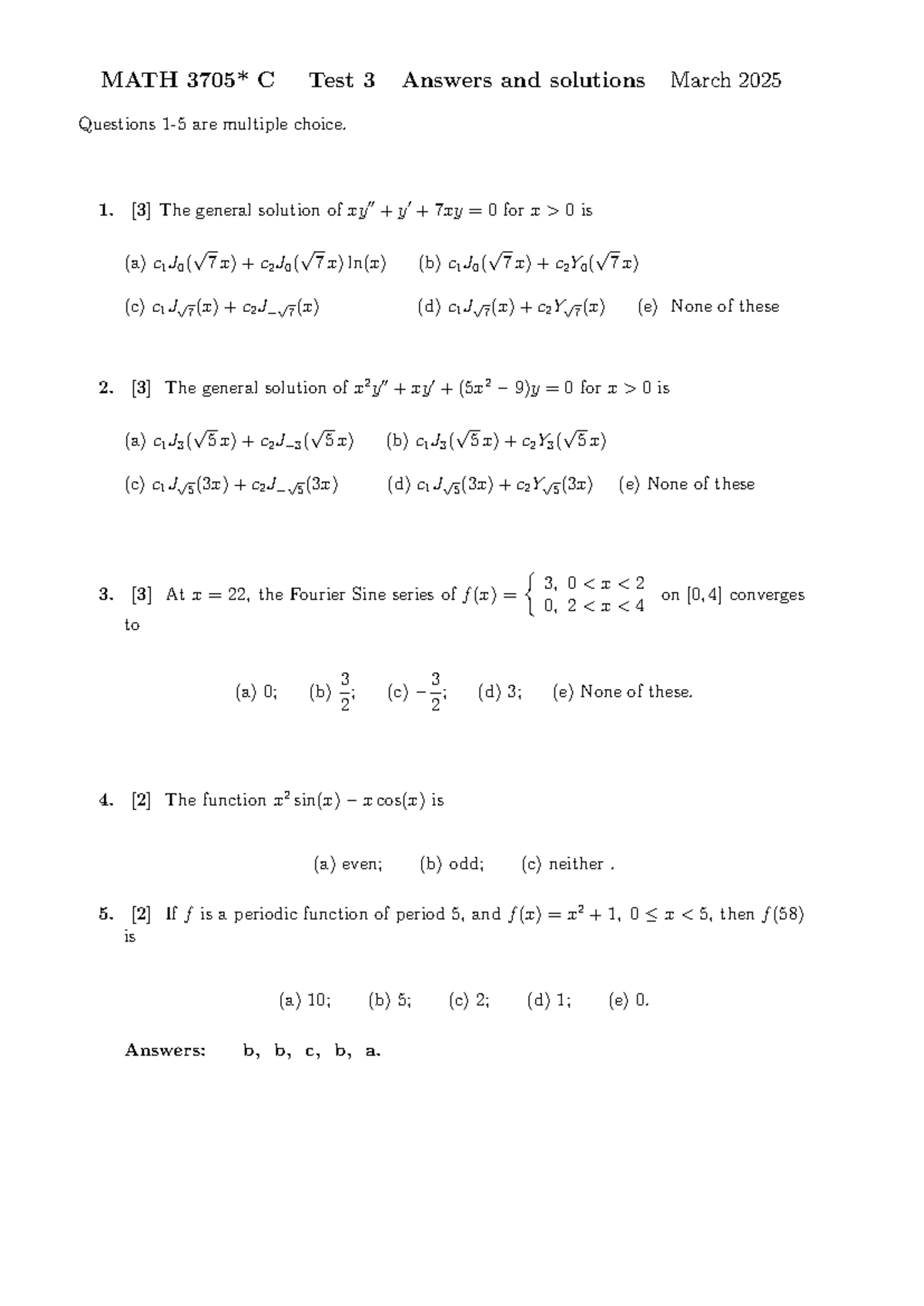 Test 3 Solutions for MATH C - March 2025 Multiple Choice Questions ...