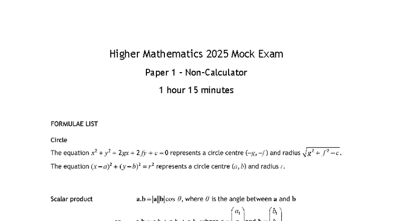 Higher Mathematics 2025 Mock Exam Paper 1 - Questions & Answers - Studocu
