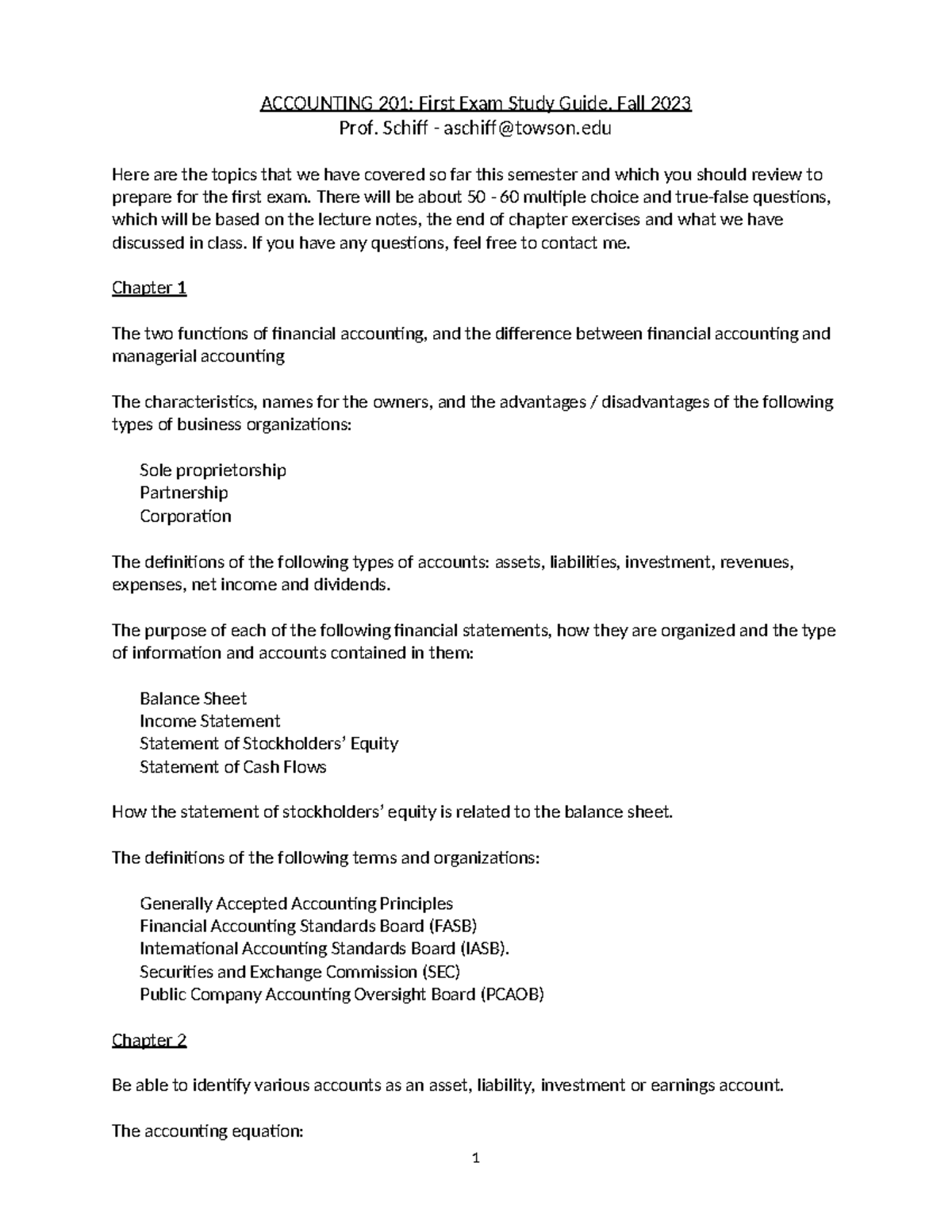 ACCT 201 - F23 First Exam Study Guide - Key Topics & Concepts - Studocu