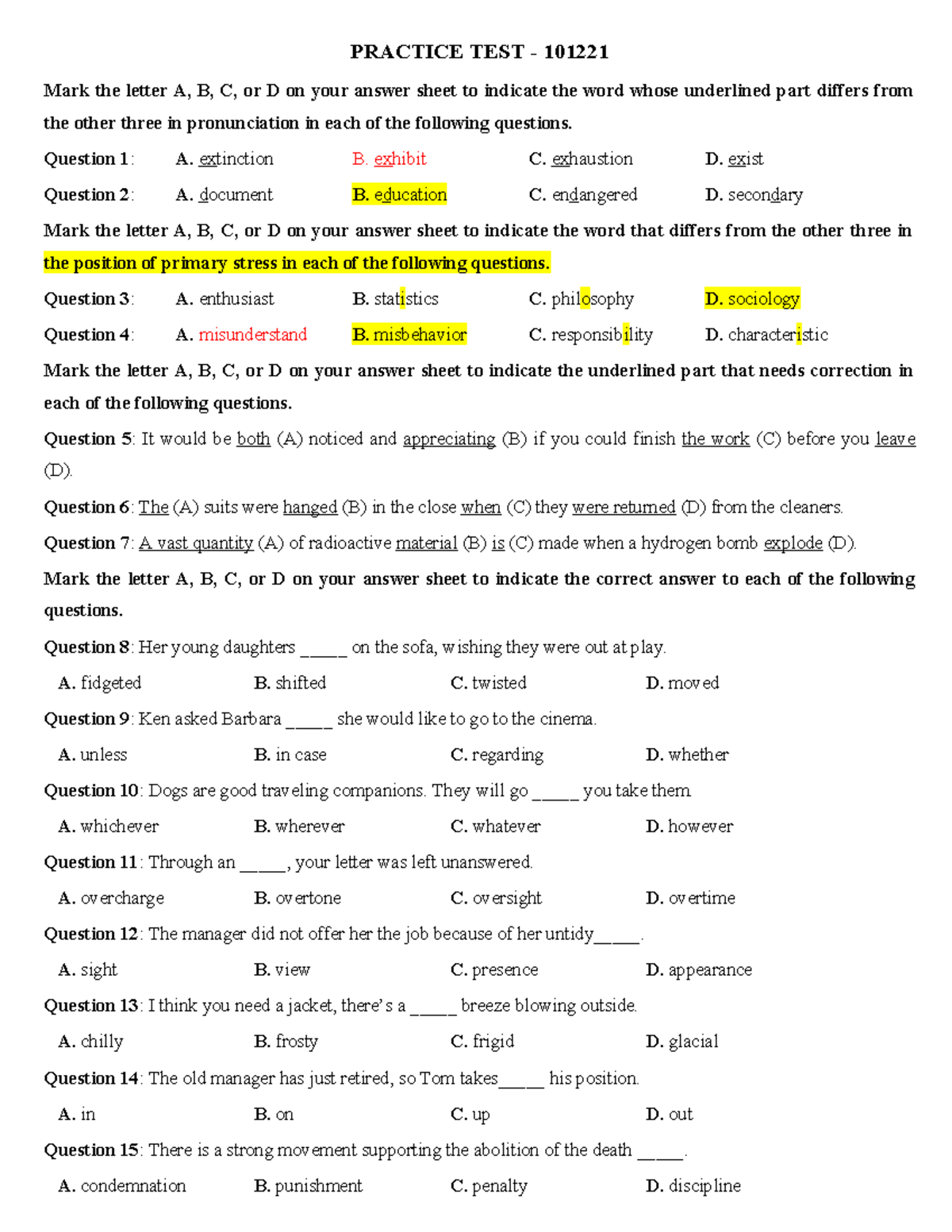 PRACTICE TEST 101221: Pronunciation and Stress Questions - Studocu