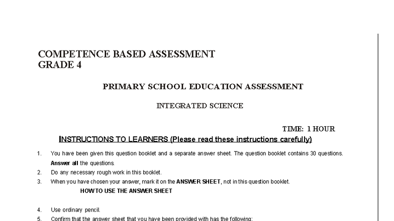 Grade 4 Integrated Science Assessment: Competence-Based Questions - Studocu