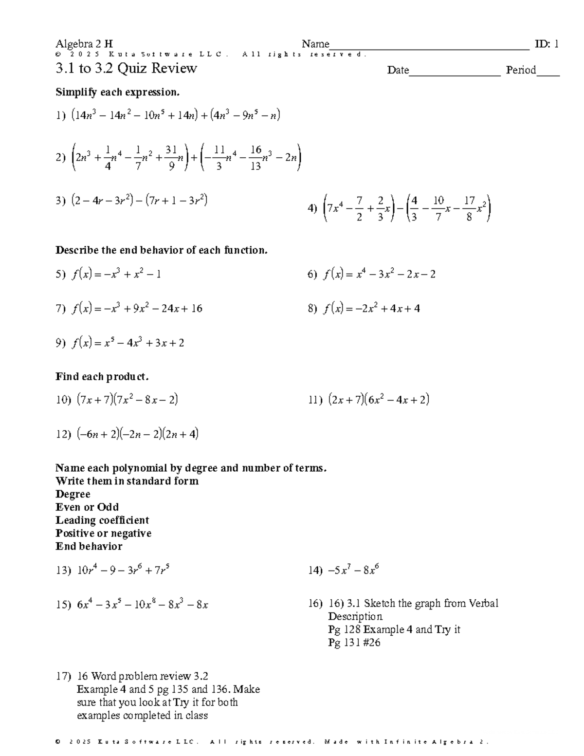 Algebra 2 H: 3.1 to 3.2 Quiz Review - Expression Simplification ...