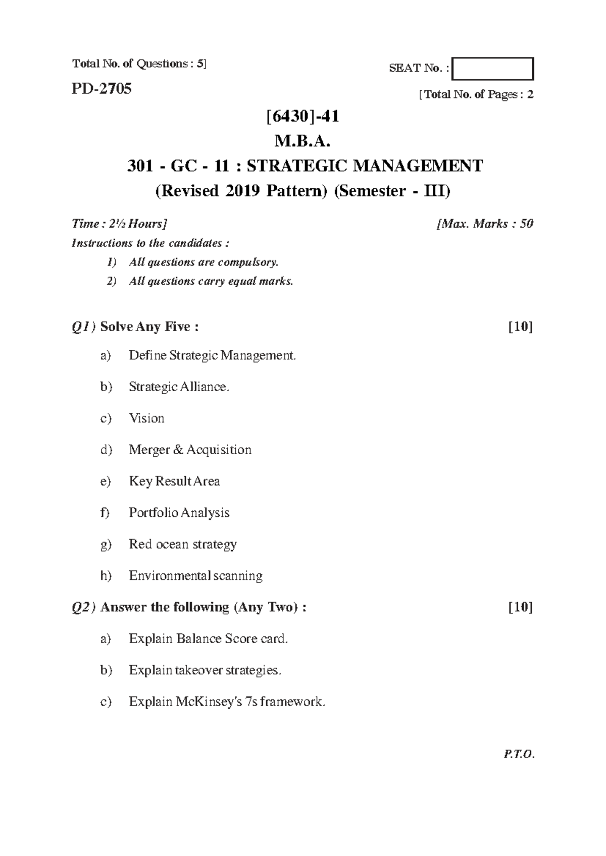M.B.A. 301 GC 11: Strategic Management Exam Questions (Revised 2019 ...