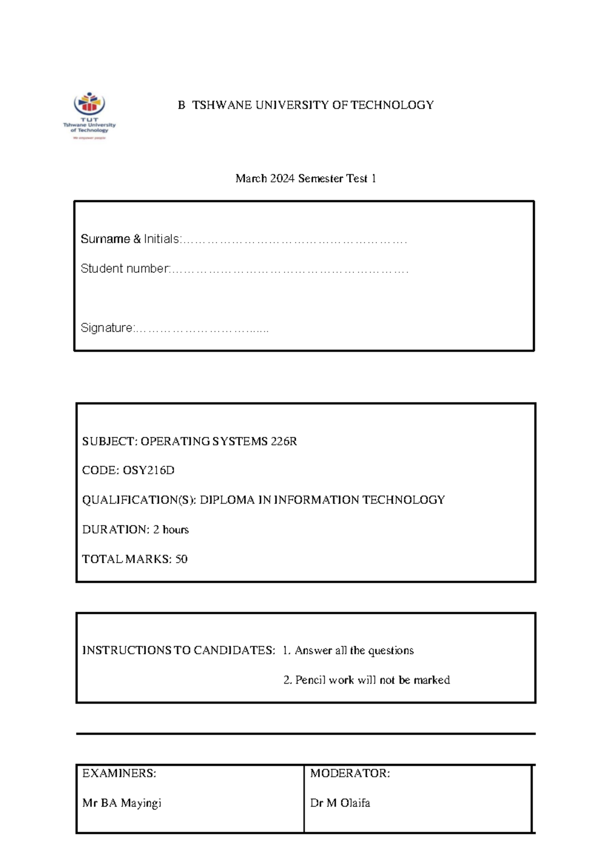 Operating Systems 226R - March 2024 Semester Test 1 Memo - Studocu