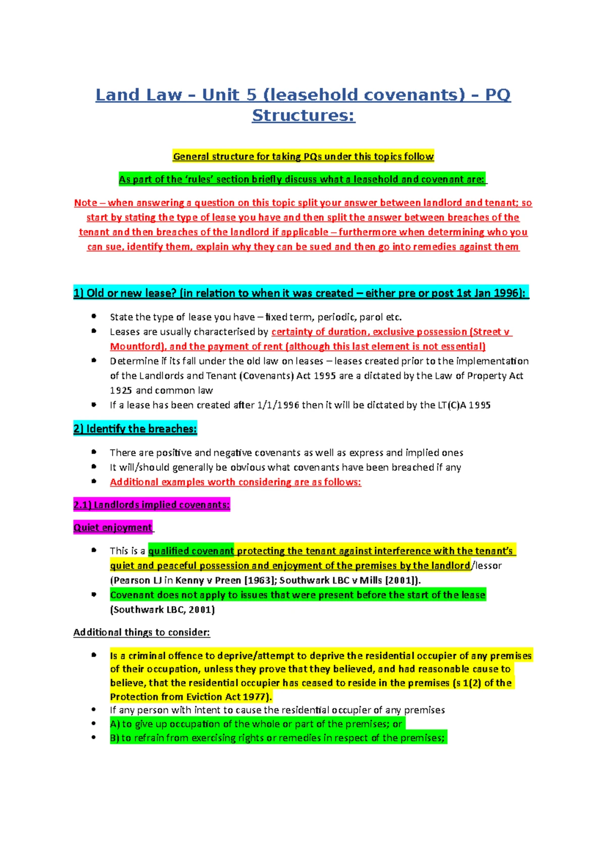 Land Law – Leases and Leasehold Covenants Cheat Sheet - , on a weekly ...