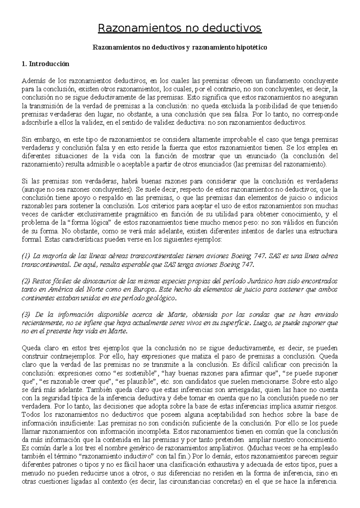Razonamientos No Deductivos: Introducción y Tipos (Curso 1) - Studocu