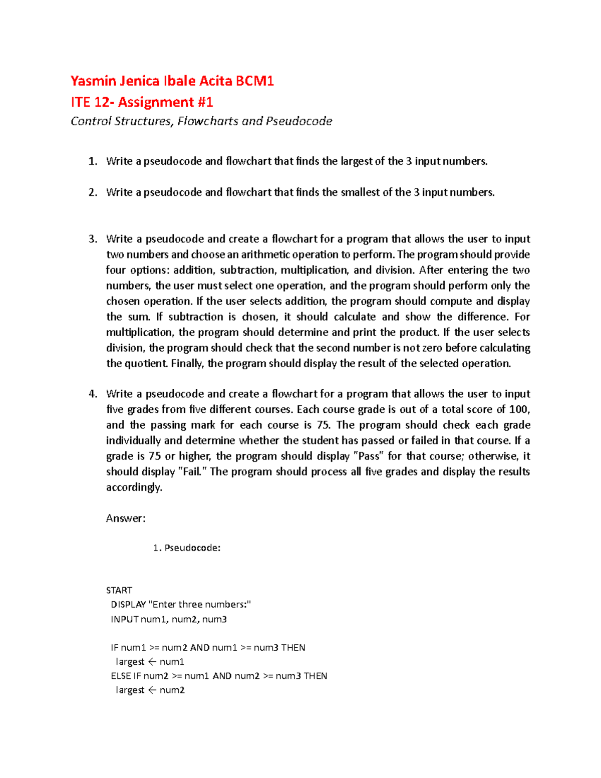 Control Structures & Flowcharts: BCM1 ITE Assignment Overview - Studocu