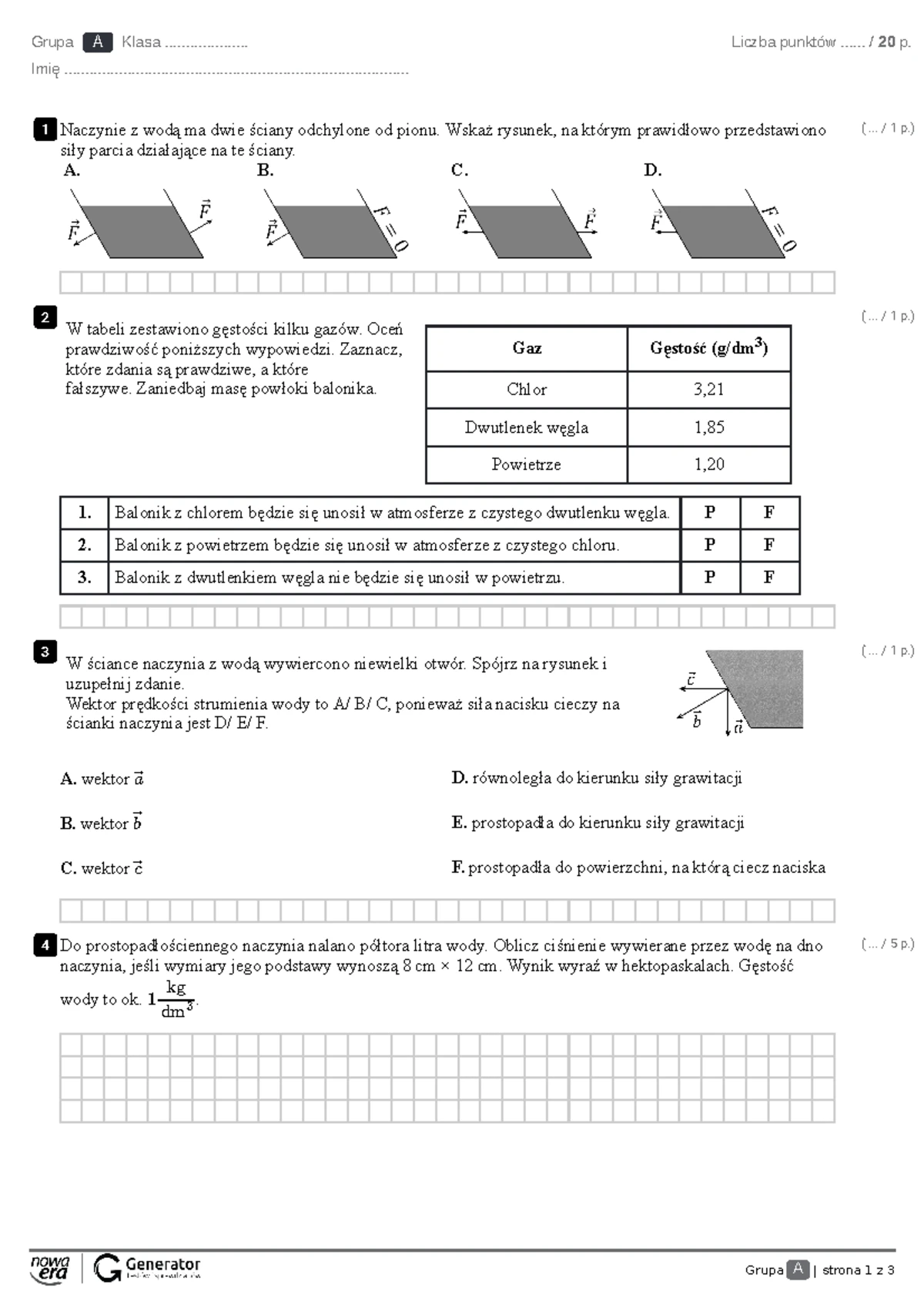Sprawdzian Klasa 8 Hydrostatyka I Aerostatyka