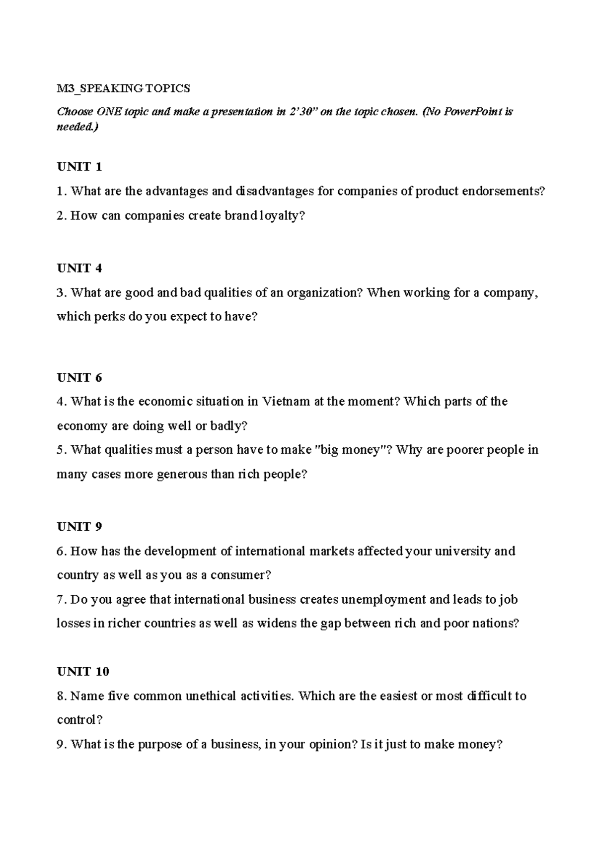 M3 Speaking Presentation Topics: Choices for 2'30