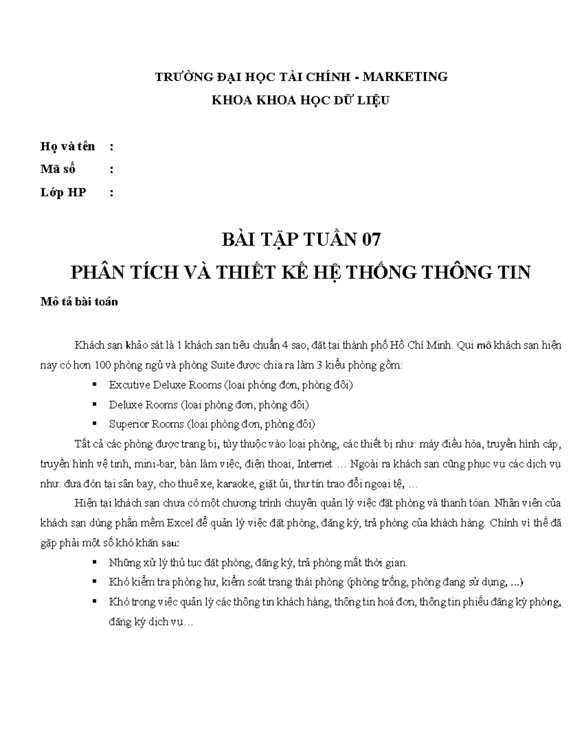 Tuan 07 - Bai tap TH QLKS - Phan tich va thiet ke HTTT - Studocu
