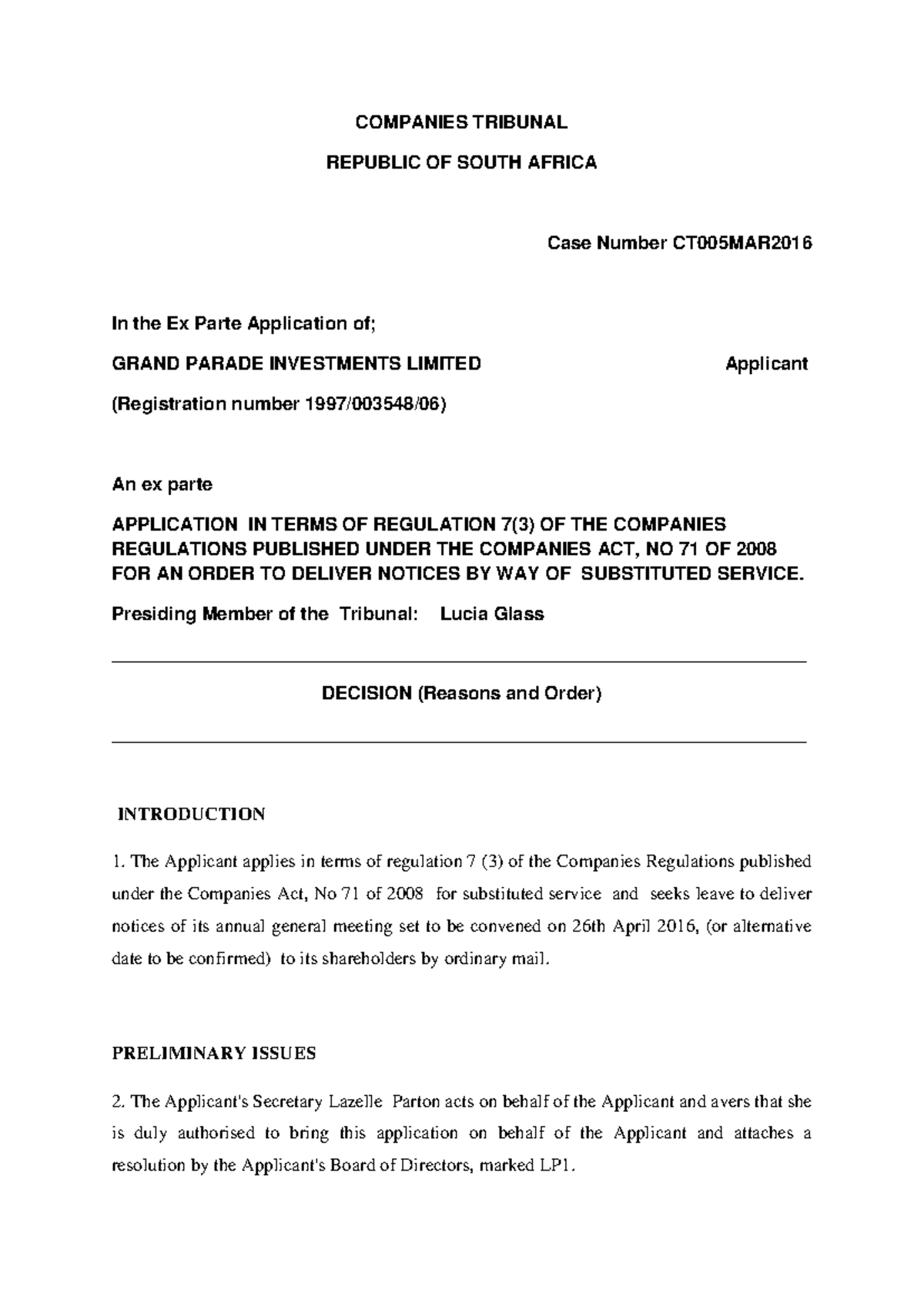 COMPANIES TRIBUNAL CASE CT005MAR2016: Substituted Service Decision ...