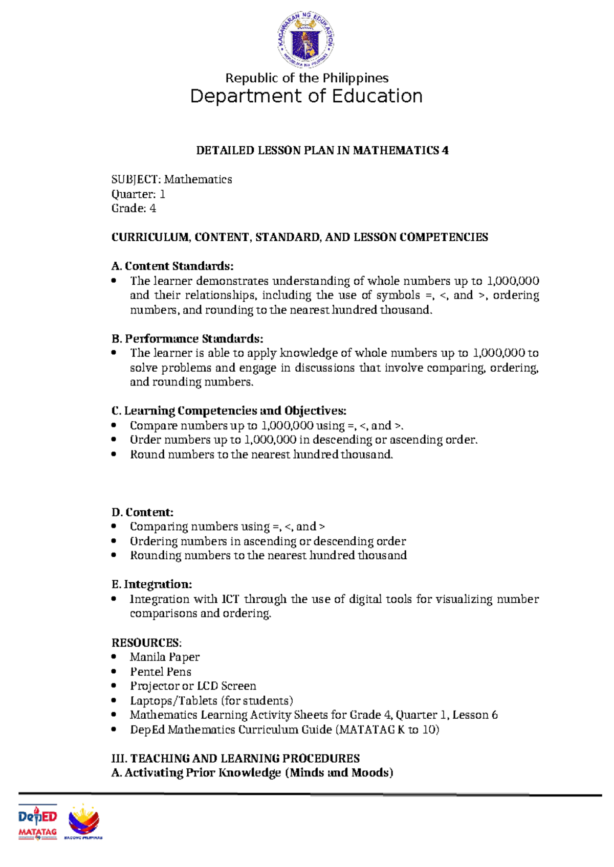 Detailed Lesson Plan in Mathematics 4 (Math4Day4 COT) with Annotations ...
