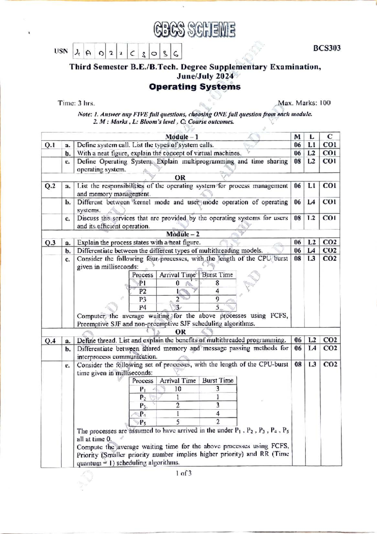 GBGS BCS303 Third Sem Tech. Degree OS Supplementary Exam 2024 - Studocu