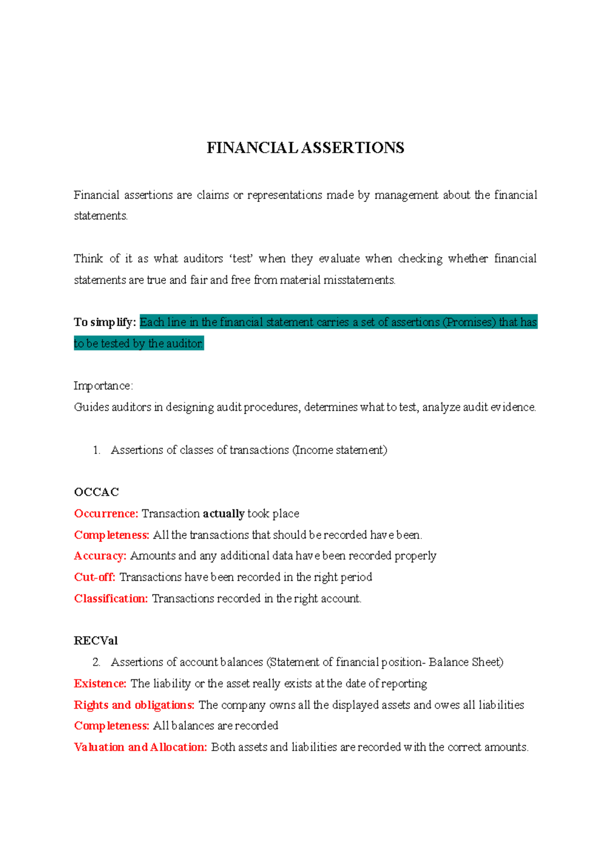 FIN 101: Summary of Financial Assertions for Auditing - Studocu
