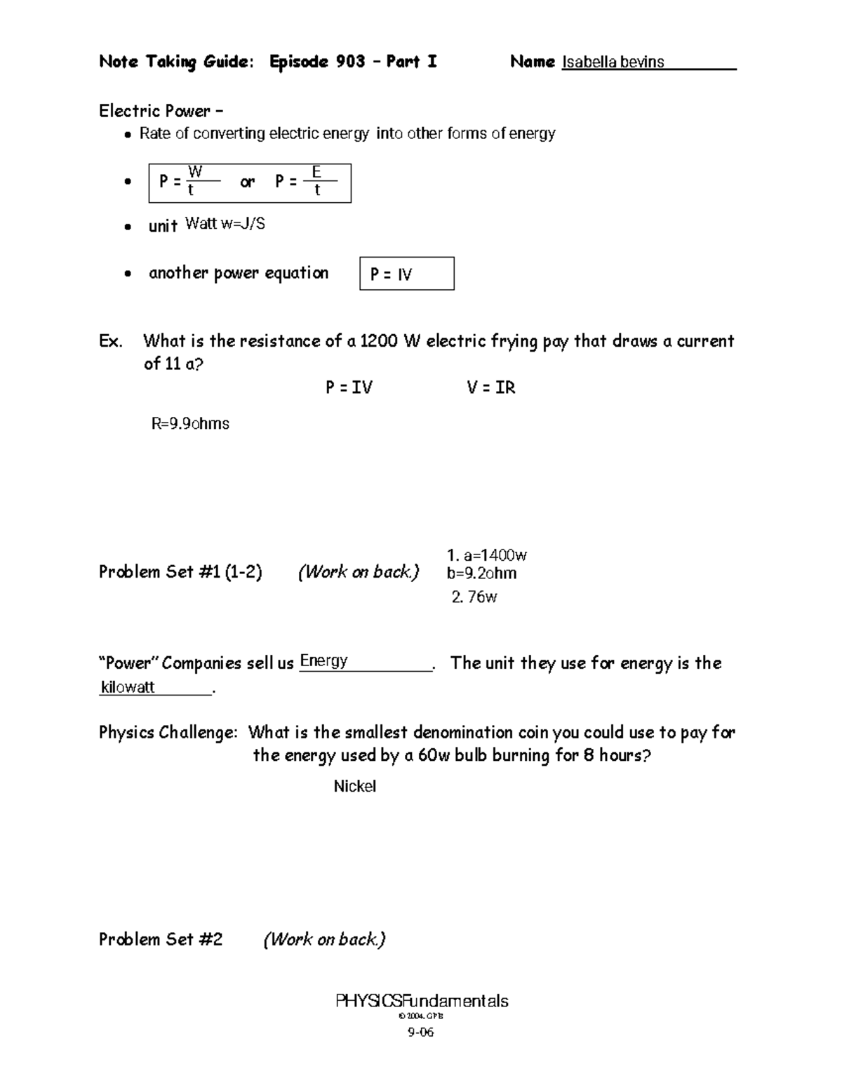 PHYS 903 - Note Taking Guide for Electric Power Concepts - Studocu