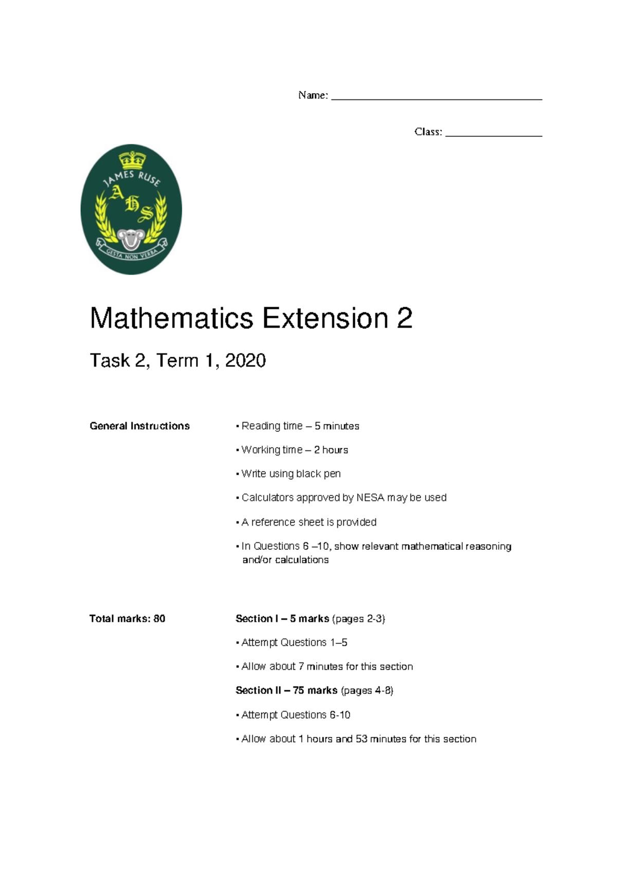 Mathematics Extension 2 Task 2 Solutions - James Ruse 2020 - Studocu
